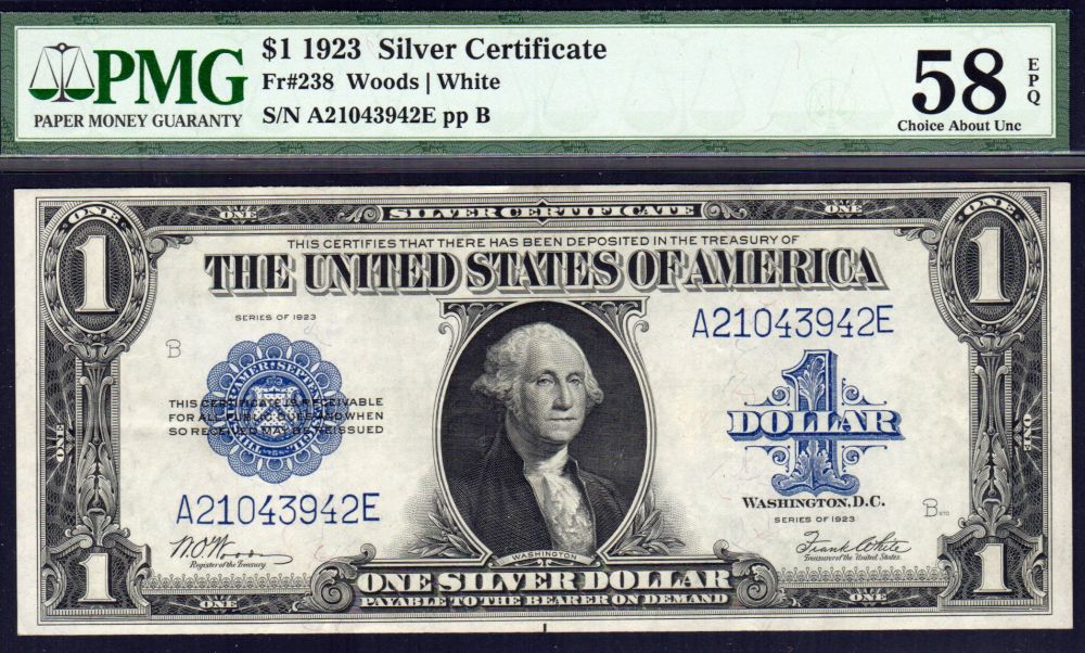 Fr.238, 1923 $1 Silver Certificate, Very Choice AU, A21043942E, PMG58-EPQ